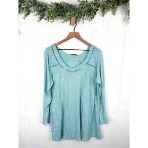 NWT Soft Surroundings Teal Blue Floral Embroidered Boatneck Top Plus 1X